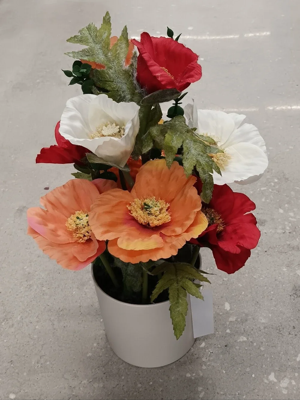 Artificial Poppy Floral Arrangement in White Vase - Orange, Red & White